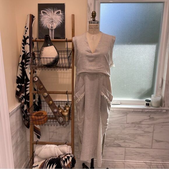 Mirth Biarritz 100% Cotton Ivory/Black Striped Dress Sz-L - Picture 2 of 16